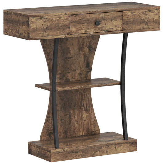 HOMCOM Console Table, 3-Tier Industrial Hallway Table with Drawer, Storage Shelves, 91 x 32 x 87 cm, Rustic Brown