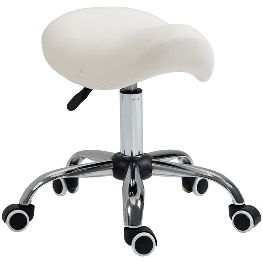 HOMCOM Cosmetic Stool 360 Rotate Height Adjustable Salon Massage Spa Chair Hydraulic Rolling Faux Leather Saddle Stool, Cream