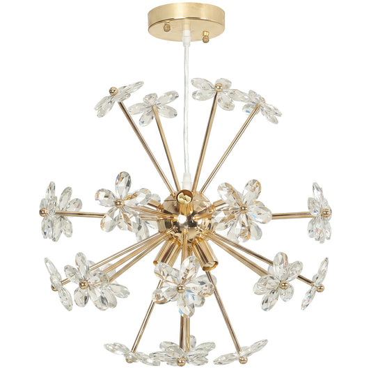 HOMCOM Crystal Chandeliers Ceiling Light with Flower, Modern Pendant Light with Adjustable Height, Ceiling Plate, Clear