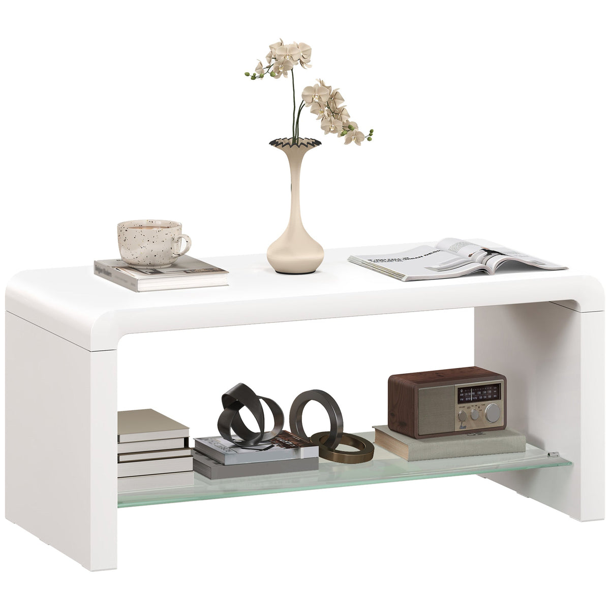 HOMCOM Curved Two-Tier Coffee Table in High Gloss White