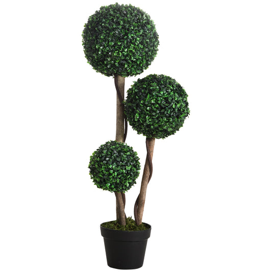 HOMCOM Decorative Artificial Tree Boxwood Ball Topiary Tree in Pot Fake Plant for Home Indoor Outdoor Decor, 90 cm, Dark Green