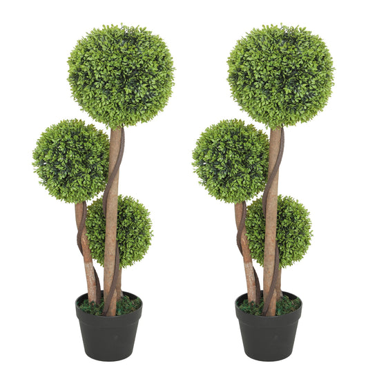 HOMCOM Decorative Artificial Trees Boxwood Ball Topiary Trees Set of 2 in Pot, Fake Plants for Home Indoor Outdoor Decor