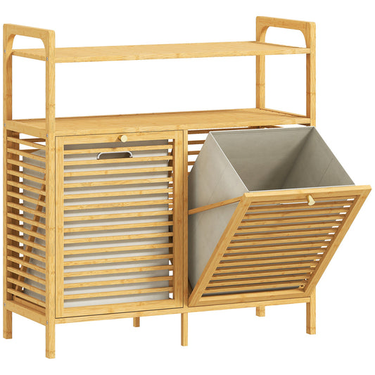 HOMCOM Double Tilt Out Bamboo Laundry Cabinet in a Natural Wood Finish
