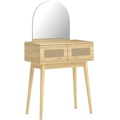 HOMCOM Dressing Table, Compact Vanity Desk with Mirror and 2 Drawers, Natural Wood Finish