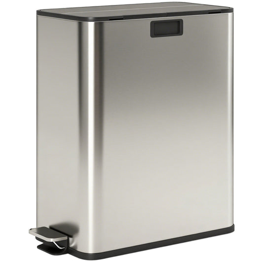 HOMCOM Dual Kitchen Bin with Soft-Close Butterfly Lid, 2 x 28L Stainless Steel Pedal Bin with Removable Inner Buckets, Fingerprint-Proof for Recycling and Waste, Silver Tone