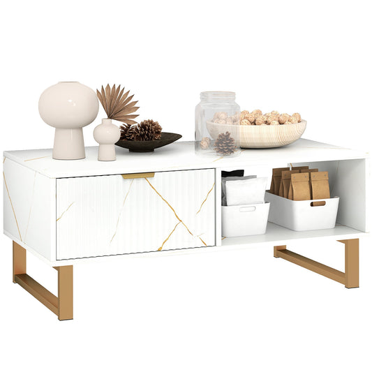 HOMCOM Elegant Marble Effect Storage Coffee Table in White