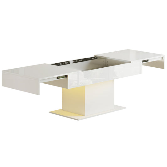 HOMCOM Extendable Coffee Table with LED Lights and Storage in High Gloss White