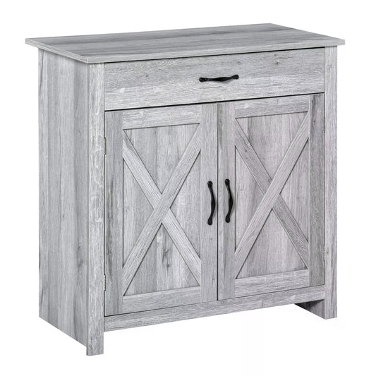 HOMCOM Farmhouse Barn Door Sideboard Storage Cabinet Coffee Bar in Grey Grain