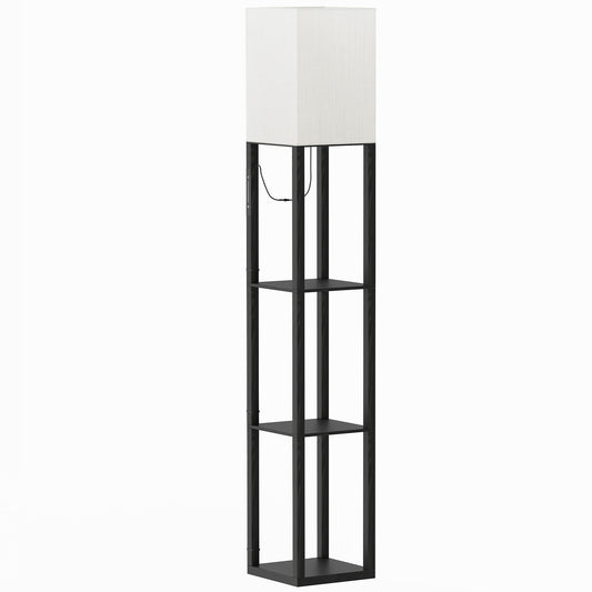 HOMCOM Floor Lamp with Shelves, Modern Dimmable Standing Lamp with Fabric Lampshade, Adjustable Colour Temperature, Black