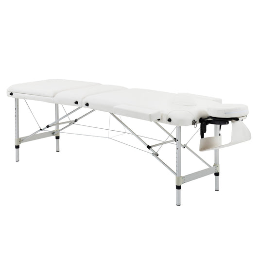 HOMCOM Foldable Massage Bed Portable Table, 3-Section Aluminium Foldable Beauty Couch, Professional Salon Spa Table with Headrest Support and Carry Bag, 81 cm Width, White
