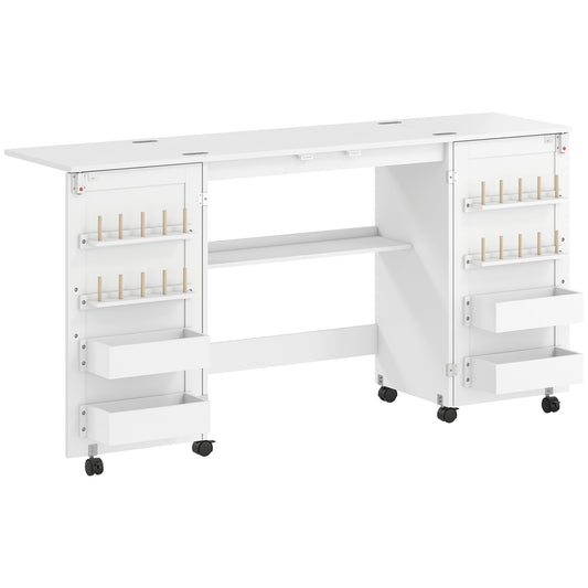 HOMCOM Folding Sewing Table with 2 Magnetic Doors in White