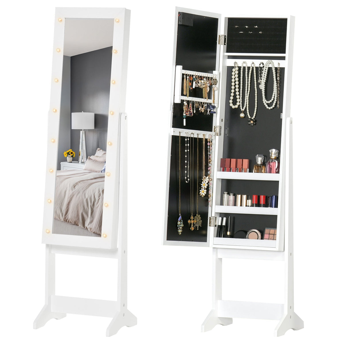 HOMCOM Free Standing LED Mirrored Jewelry Cabinet in White