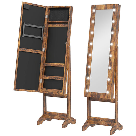 HOMCOM Freestanding Mirrored Jewellery Storage Cabinet - Wood-Effect