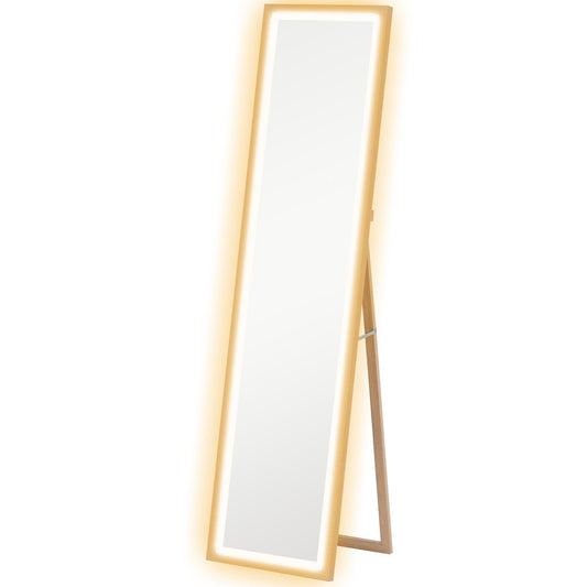 HOMCOM Full Length Mirror, with Adjustable Outer Light, Oak