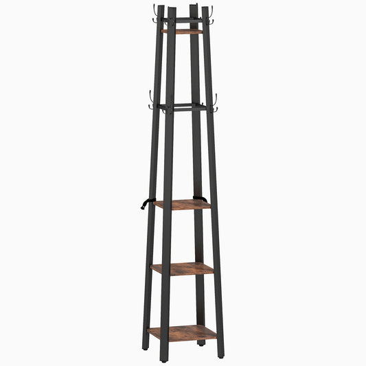 HOMCOM Industrial-Style Four Shelf Coat Stand - Brown/Black