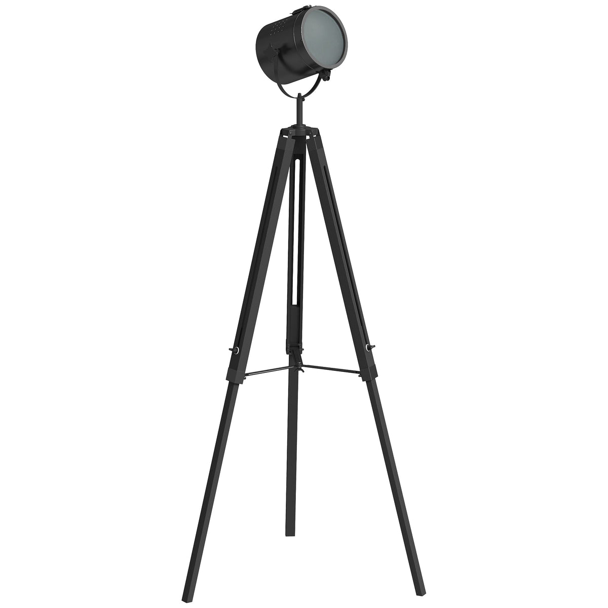 HOMCOM Industrial Tripod Floor Lamp, Nautical Searchlight with Adjustable Height, Wood Legs, E14 Lamp Base for Living Room, Bedroom, Black