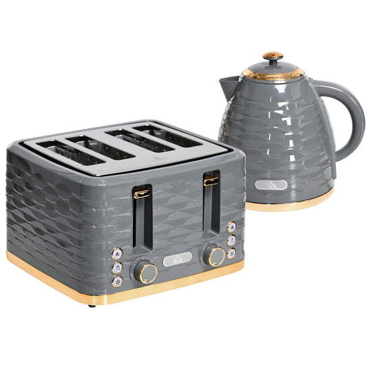 HOMCOM Kettle and Toaster Sets, 3000W 1.7L Rapid Boil Kettle & 4 Slice Toaster with 7 Browning Controls, Defrost, Reheat and Crumb Tray, UK Otter thermostat, Grey