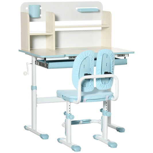 HOMCOM Kids Desk and Chair Set, with Storage Shelves, Washable Cover, for Ages 3-12 Years - Blue