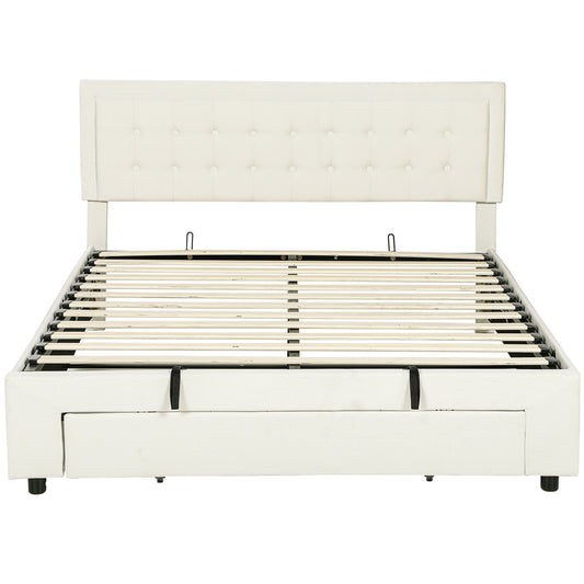 HOMCOM King Size Ottoman Bed Frame, with Front Drawer - Cream