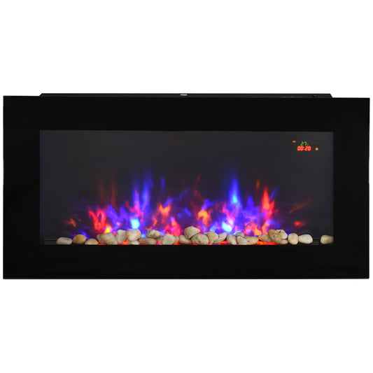 HOMCOM LED Wall Mounted Fireplace Curved Glass Electric Fire Place for Living Room, 1000W/2000W, 48H x 90.8W x 11.5Dcm, Black