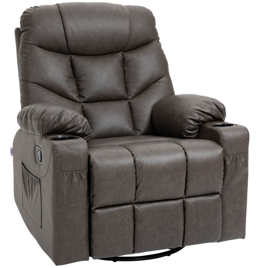 HOMCOM Manual Reclining Chair, Recliner Armchair with Faux Leather, Footrest, Cup Holders, 86x93x102cm, Brown