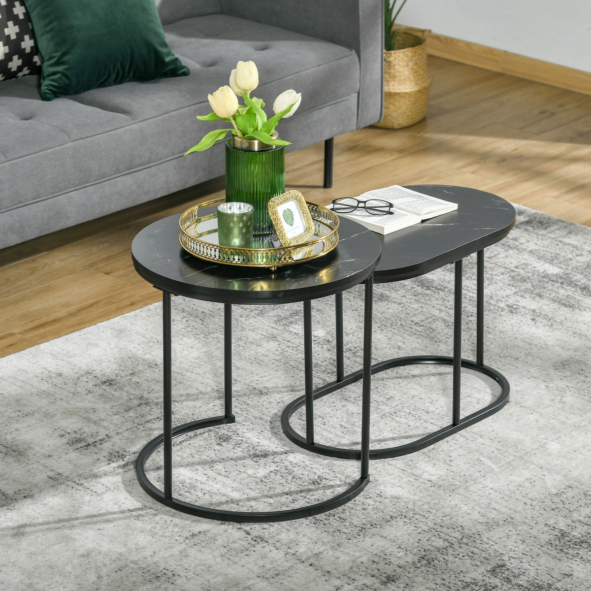 HOMCOM Marble-Effect Nest of Tables in Black and White
