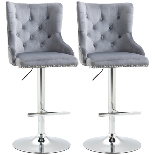 HOMCOM Bar Stools Set of 2, Modern Swivel & Adjustable Velvet Barstools with Button Tufted Back, Footrest, Nailhead Trim for Home Bar, Grey