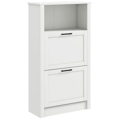 HOMCOM Modern Shoe Cabinet with 2 Flip Drawers and Adjustable Shelves, Narrow Shoe Storage Cabinet with Open Compartment, Holds 10 Pairs for Entryway, Hallway, White