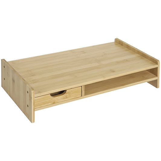HOMCOM Monitor Riser Laptop PC Plinth Stand TV Computer Desktop Organiser W/ Drawer Bamboo