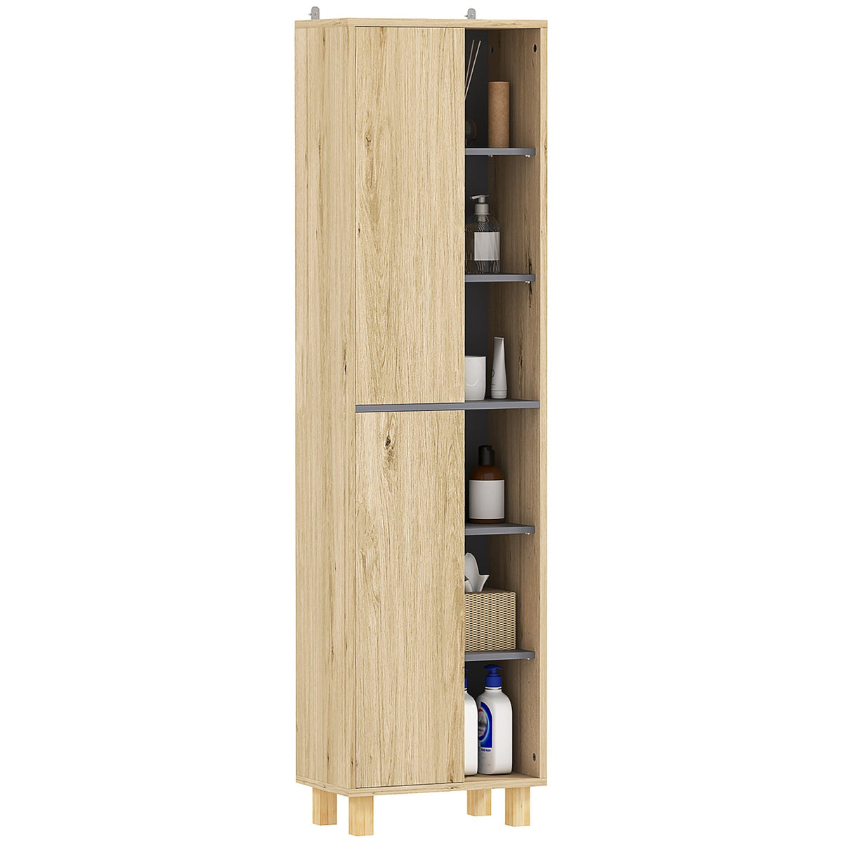 HOMCOM Multi-Storage Slim Bathroom Cabinet in a Natural Wood Finish