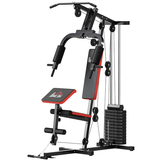 HOMCOM Multigym Station, with 66KG Weight Stack, for Strength Training - Red & Black