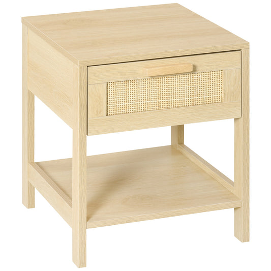 HOMCOM Nightstand with Rattan Drawer and Storage Shelf in Nature Wood
