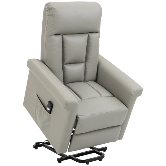HOMCOM Power Lift Chair Armchair for the Elderly, PU Leather Recliner Chair with Extended Footrest, Remote Control and Side Pocket, Grey