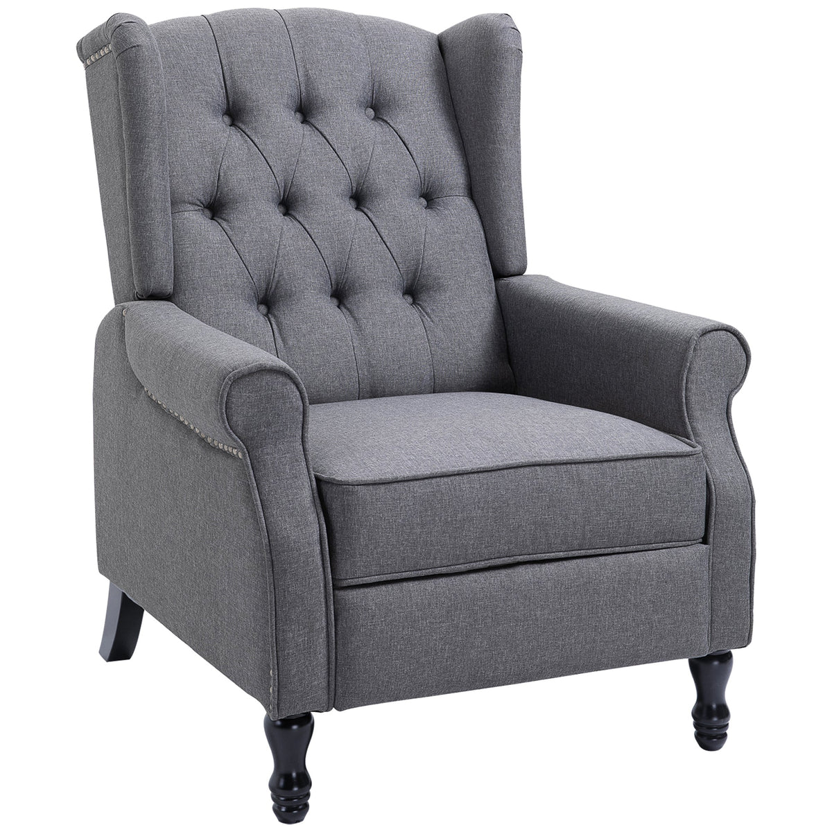 HOMCOM Recliner Armchair, Vintage Reclining Chair with Nail Head Trim, Wingback Chair with Button Tufted Back and Footrest, for Living Room, Grey