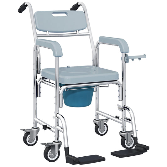 HOMCOM Rolling Shower Wheelchair for Seniors, Bedside Commode Chair with Locking Wheels, Seat, Backrest, Arms, Grey
