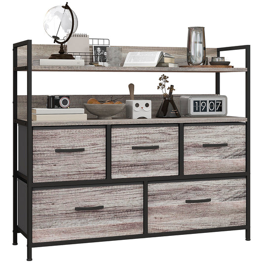 HOMCOM Rustic Chest of Five Fabric Drawers in Grey Wood Effect