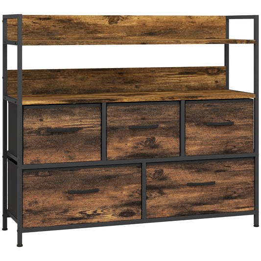 HOMCOM Rustic Chest of Five Fabric Drawers in Rustic Brown