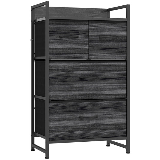 HOMCOM Rustic Chest of Four Fabric Drawers in Black Wood Effect
