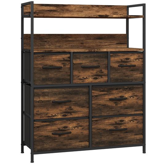 HOMCOM Rustic Chest of Seven Fabric Drawers in Rustic Brown
