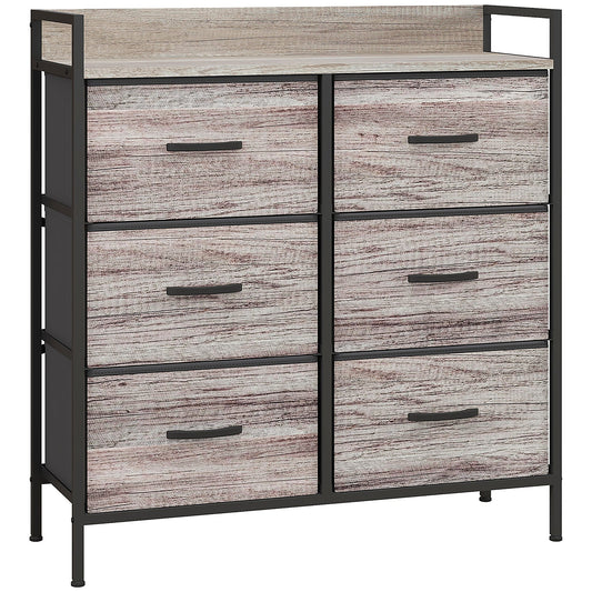 HOMCOM Rustic Chest of Six Fabric Drawers in Grey Wood Effect