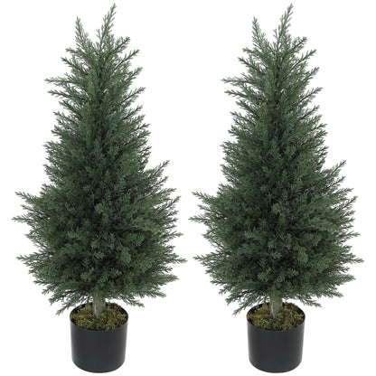 HOMCOM Artificial Plants Outdoor, 90 cm Fake Cypress Tree with Plastic Pots, UV-Resistant Faux Plants for Garden Front Porch Decoration, 2 Pack