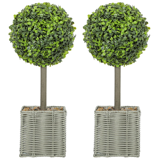 HOMCOM Set of 2 Decorative Artificial Plants, 50cm Faux Boxwood Topiary Balls with Woven Plastic Pot and Pebbles, Fake Plants for Home or Office Decor, Green