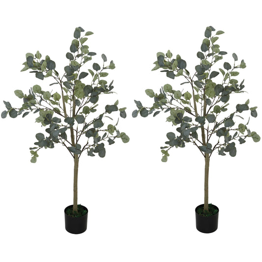 HOMCOM Set of 2 Decorative Artificial Tree, 4ft/ 120cm Silk Eucalyptus Trees with 230 Silver Dollar Leaves in Pot, Fake Plants for Home, Office, Living Room, Indoor Decor