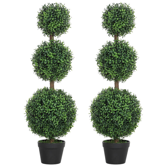 HOMCOM Set of 2 Decorative Artificial Trees, Topiary Ball-shaped Boxwood Trees in Pot, Fake Plants for Home Indoor outdoor Decor, 100cm, Green