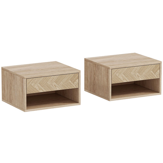 HOMCOM Set of Two Floating Bedside Tables in a Natural Wood Finish