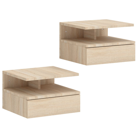 HOMCOM Set of Two Floating Bedside Tables - Oak