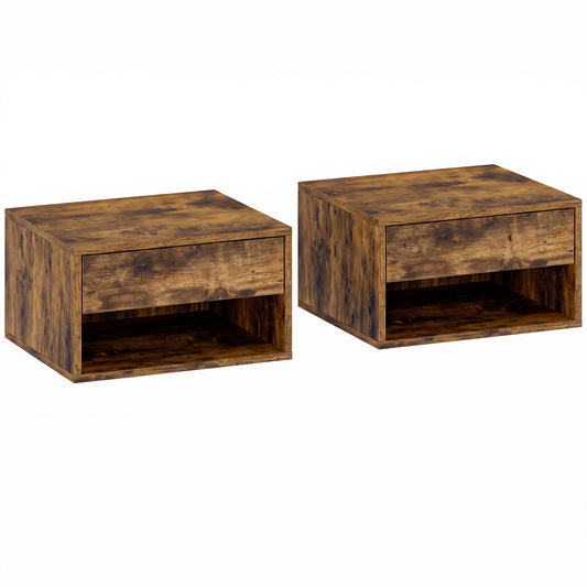 HOMCOM Set of Two Floating Bedside Tables in Rustic Brown