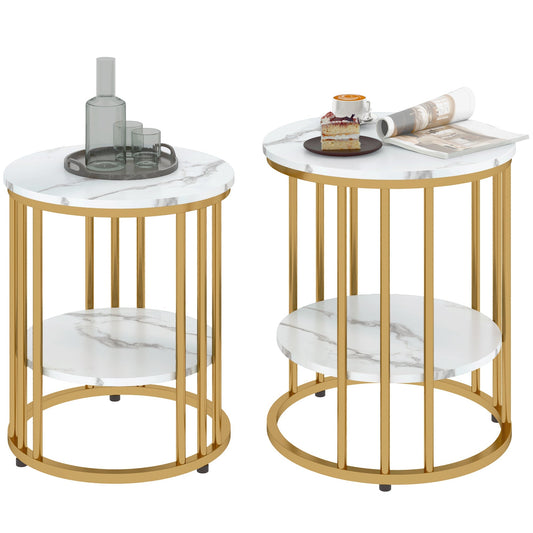 HOMCOM Set of Two Marble-Effect Coffee Tables in Gold Tone