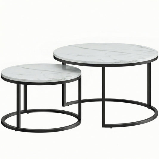HOMCOM Set of Two Marble-Effect Stacking Tables in Marble White