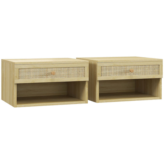HOMCOM Set of Two Rattan Panel Floating Bedside Tables in a Natural Wood Finish